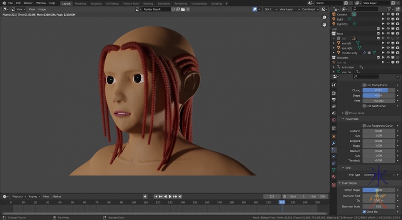 dreadlock attempt with mostly twist and clump in Blender 2.93.4