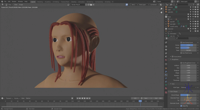 dreadlock attempt with mostly twist and clump in Blender 2.93.4