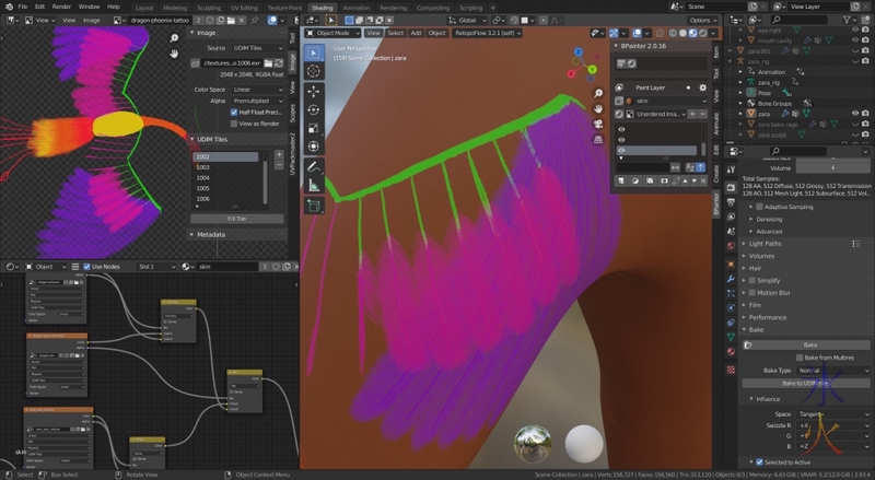 painting Zara's phoenix tattoo in bpainter in Blender 2.93.4