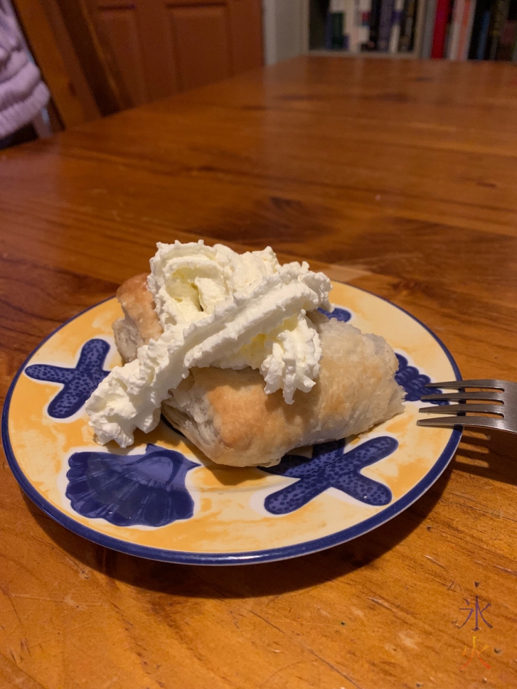 apple strudel (I think?) and cream prepared by 12yo