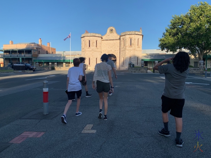 kids and J walking towards Fremantle Prison, Fremantle, Western Australia