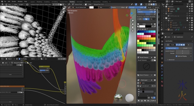 working on the gloss map of the rainbow dragon phoenix tattoo