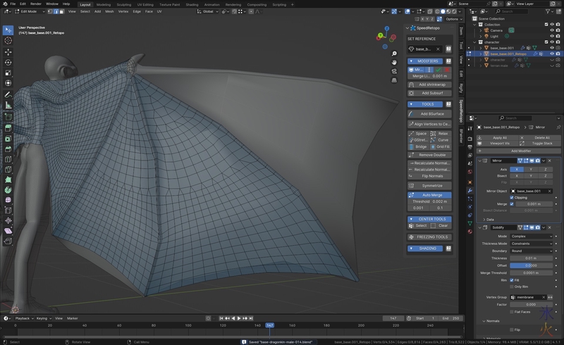 Blender 4.1 screenie showing some work on Dragonkin wing membranes, still mad about the ugly mesh