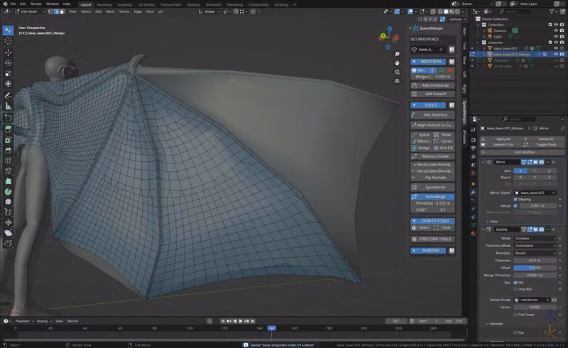 Blender 4.1 screenie showing some work on Dragonkin wing membranes, still mad about the ugly mesh