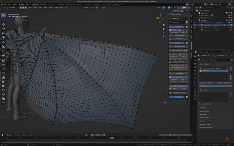 Dragonkin model showing finished final wing membrane and finger in Blender 4.1