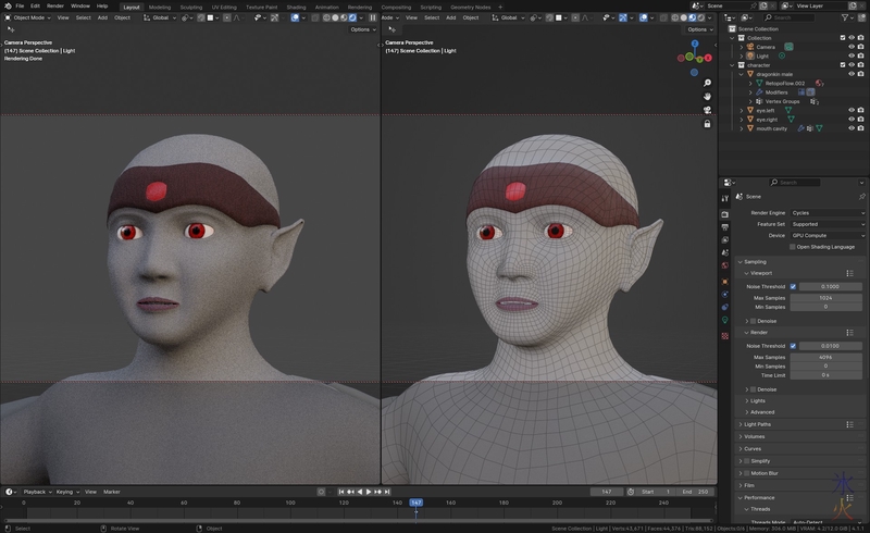 side by side render preview and wireframe shade showing horn crest texture