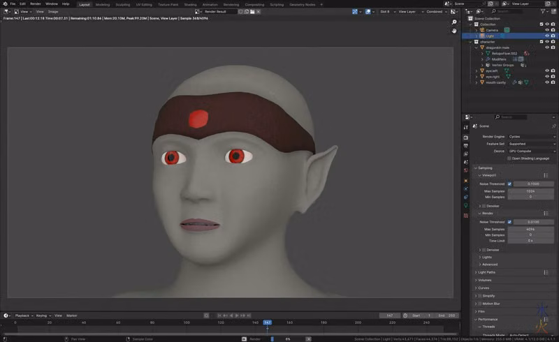 render showing horn crest texture