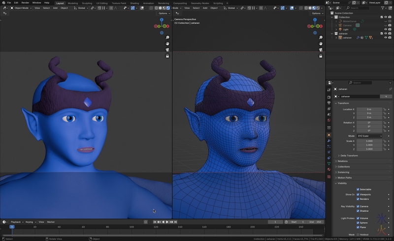 Red's completed base form horns in Blender 4.2