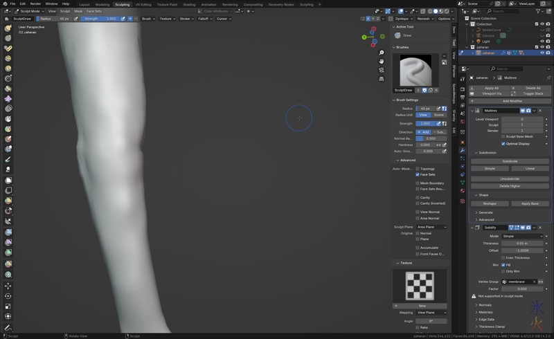 sculpting arm details in Blender 4.2