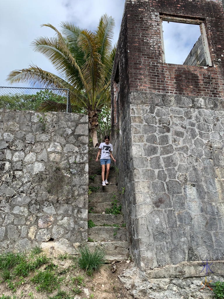 17yo descending some very steep stairs at South Point Ruins, Christmas Island