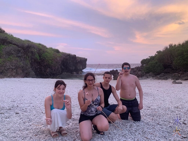 Sprat and the kids with smores at Lily Beach, Christmas Island