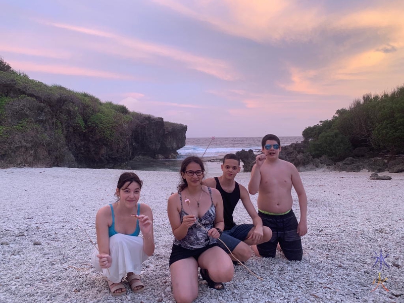 Sprat and the kids with smores at Lily Beach, Christmas Island