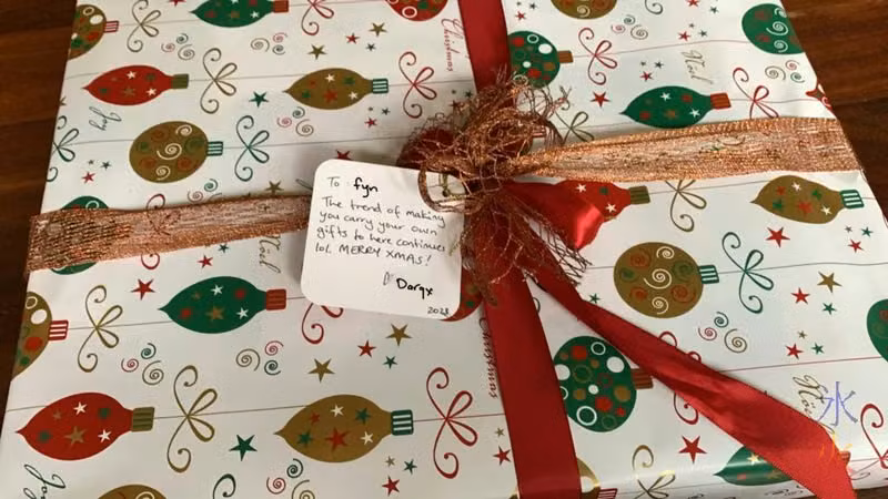 a pretty Christmas box tied with red ribbons