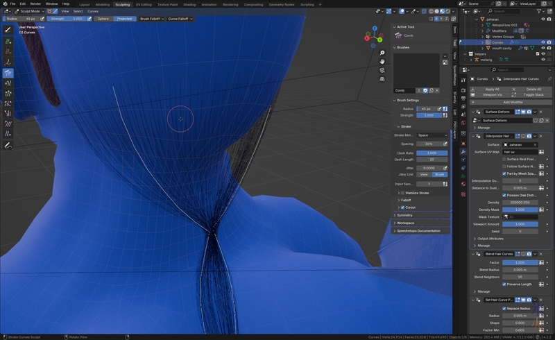 Placing curve hair guides on a model in Blender 4.2