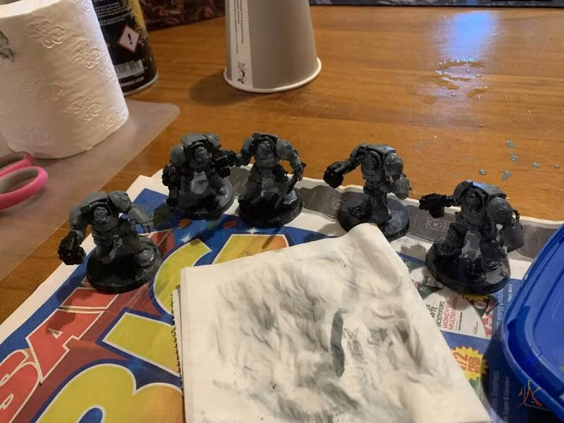 Warhammer models with their base coats