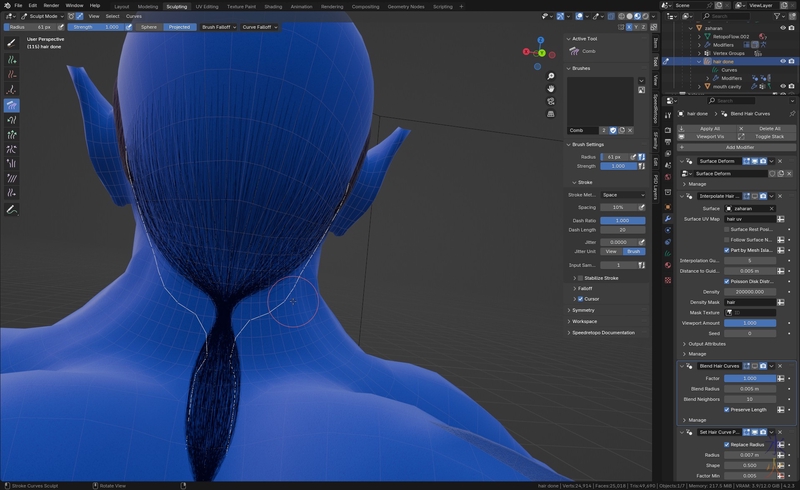 sorting out Red's hair two guide strands at a time in Blender 4.2