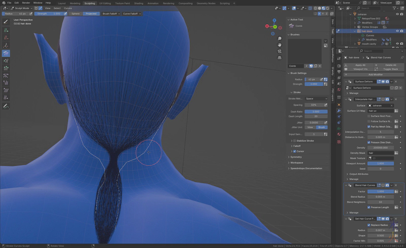 sorting out Red's hair two guide strands at a time in Blender 4.2 sorting out Red's hair two guide strands at a time in Blender 4.2