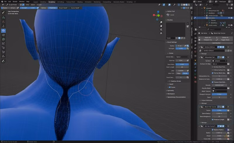 sorting out Red's hair two guide strands at a time in Blender 4.2