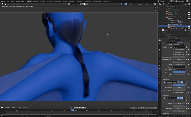render of Red's hair with the added layers in Blender 4.2