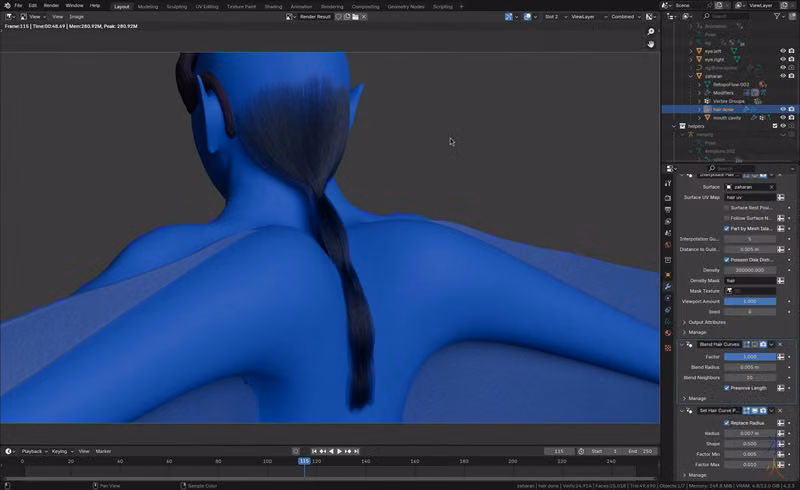 render of Red's hair with the added layers in Blender 4.2
