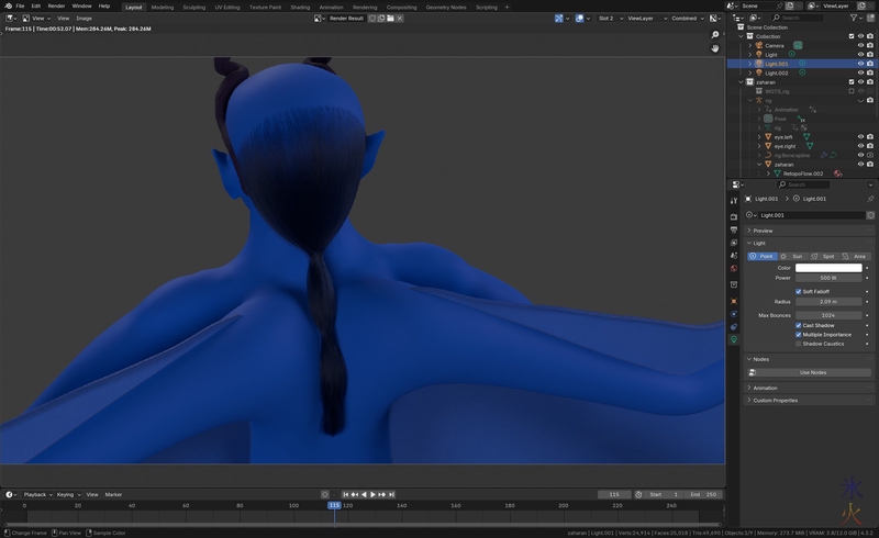 Working on curve hair in Blender 4.3