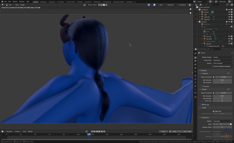 Back mid shot of curve hair in Blender 4.3