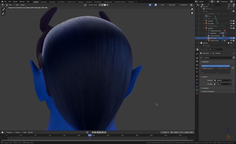 test render of curve hair in Blender 4.3