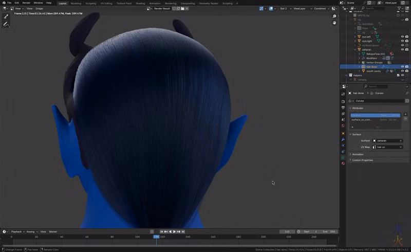 test render of curve hair in Blender 4.3