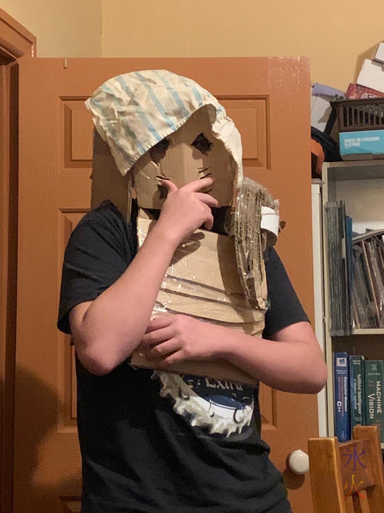 15yo modelling armour made out of cardboard and a teatowel