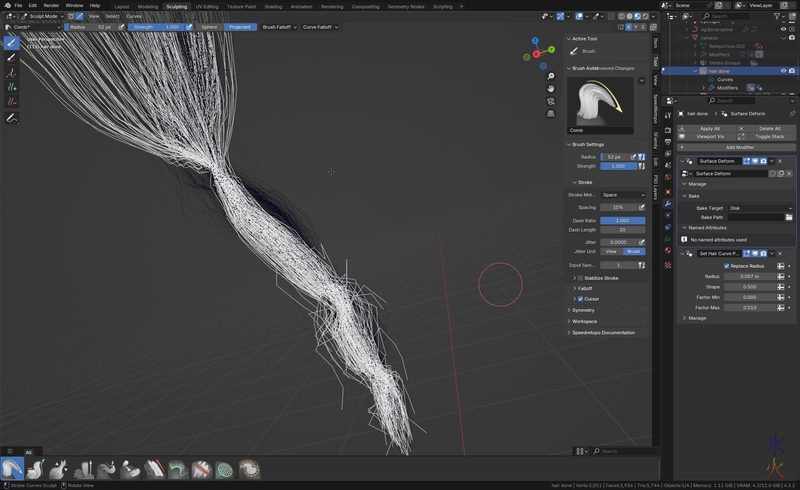 screenshot showing a mess of hair curves in Blender 4.3