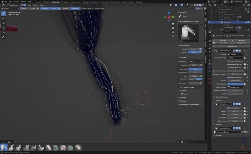 Blender screenshot showing curve hair not looking like how it's supposed to