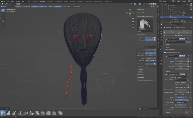 Blender screenshot showing the curve guide back in the right place but the interpolated hairs incorrectly interpolating where the incorrectly placed guide was Blender screenshot showing the curve guide back in the right place but the interpolated hairs incorrectly interpolating where the incorrectly placed guide was