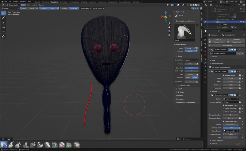 Blender screenshot showing the curve guide back in the right place but the interpolated hairs incorrectly interpolating where the incorrectly placed guide was