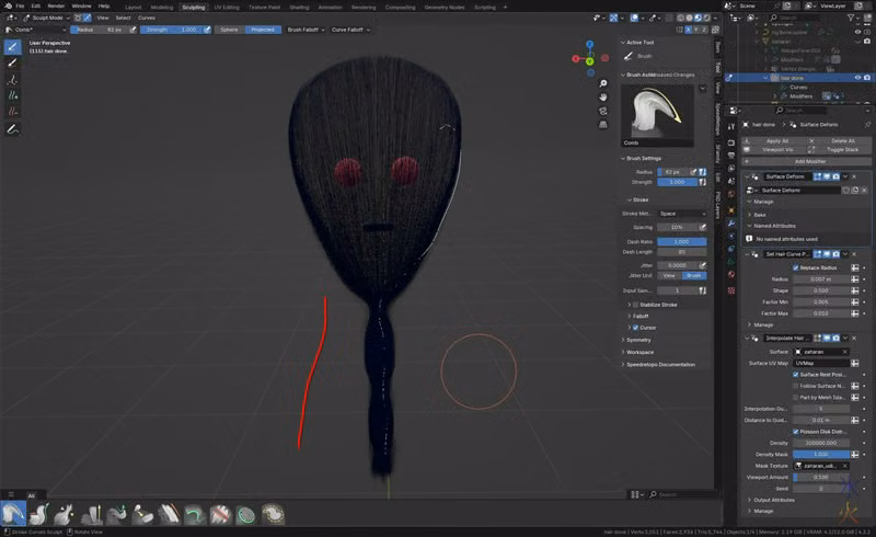 Blender screenshot showing the curve guide back in the right place but the interpolated hairs incorrectly interpolating where the incorrectly placed guide was