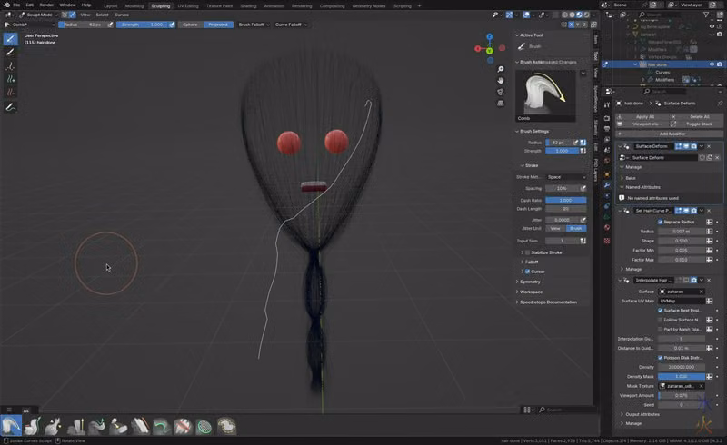 Blender screenshot showing violent displacement of a curve guide when Surface Deform modifier is activated