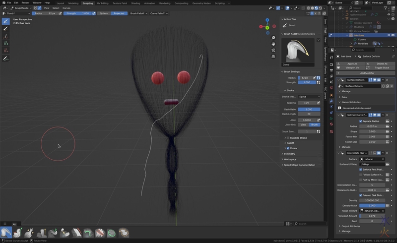 Blender screenshot showing violent displacement of a curve guide when Surface Deform modifier is activated