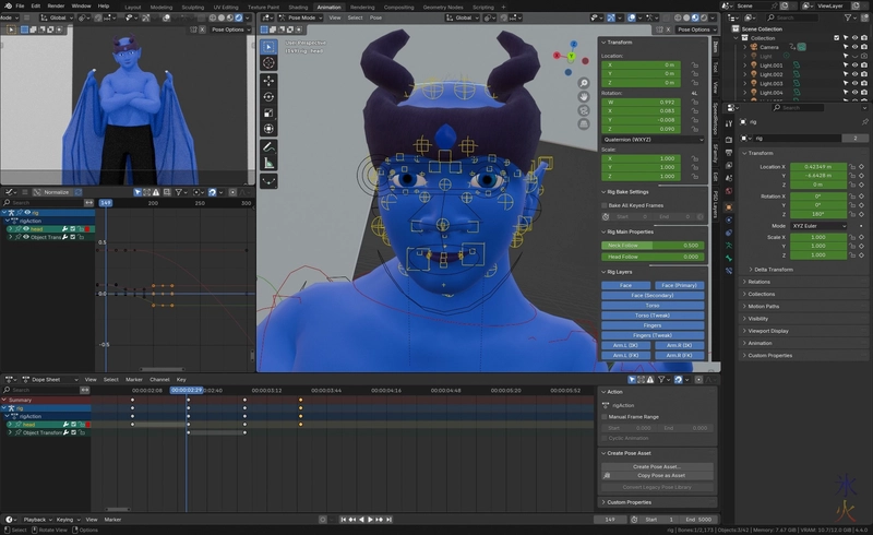 screenshot while working on rig test animation in Blender 4.4