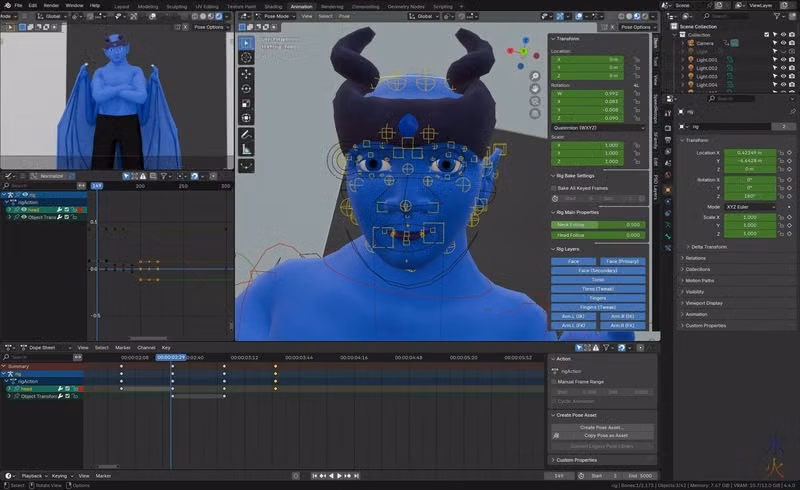 screenshot while working on rig test animation in Blender 4.4