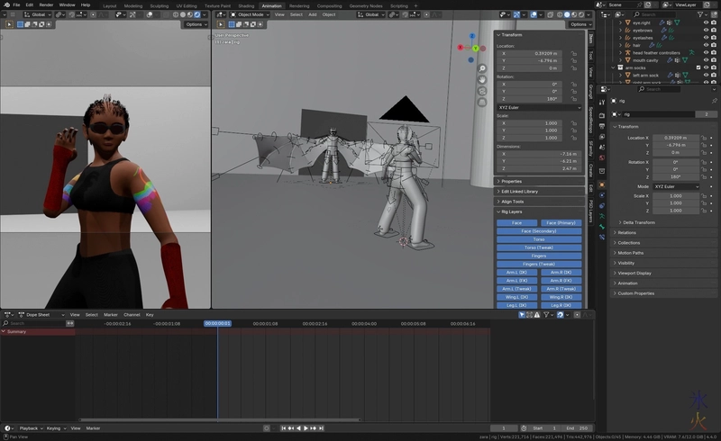 setting up for a rig test animation in Blender 4.4