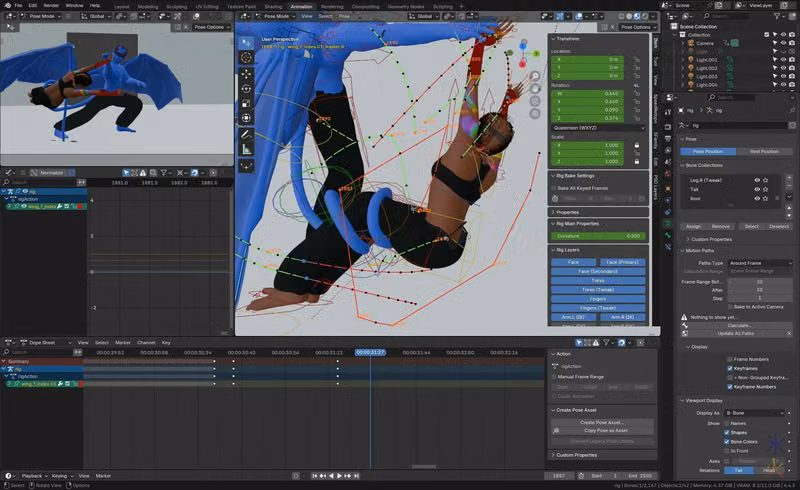screenshot showing a lot of keyframes and a prehensile tail clipping through the floor because there's not enough tail controllers