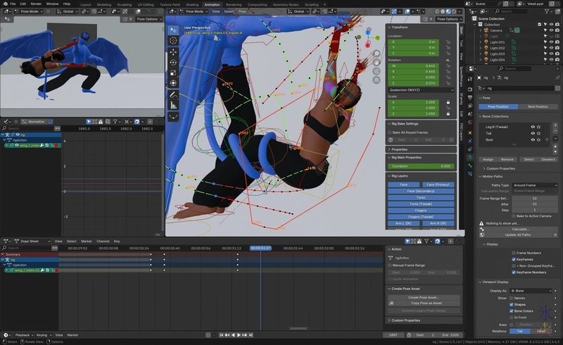 screenshot showing a lot of keyframes and a prehensile tail clipping through the floor because there's not enough tail controllers