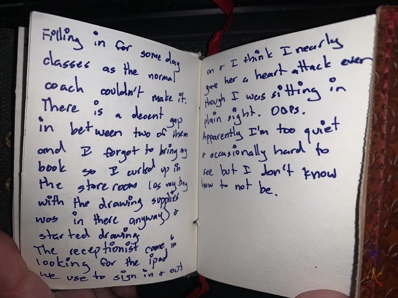 text scrawled in a tiny sketchbook