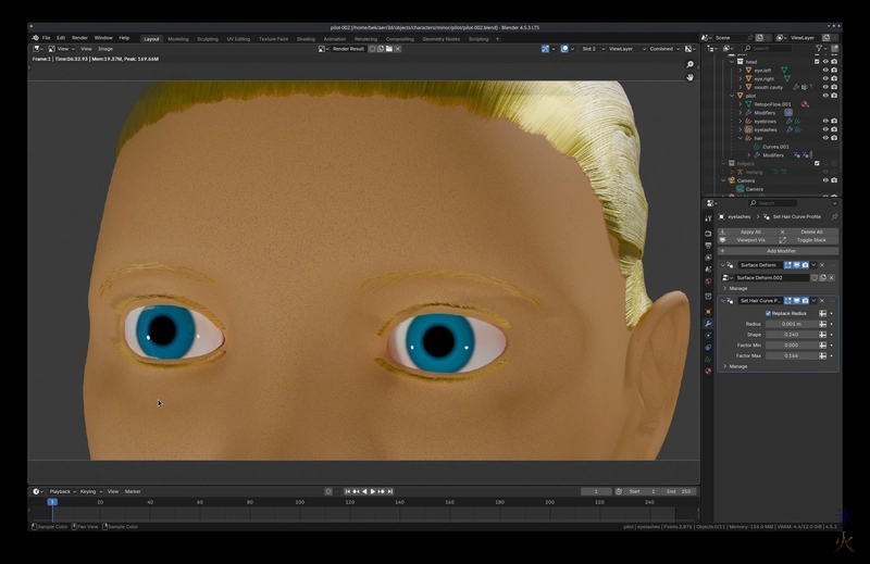 rendered close up of blonde curve hair eyelashes and eyebrows in Blender 4.5