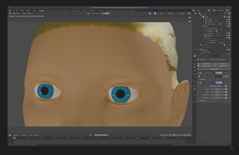 rendered close up of blonde curve hair eyelashes and eyebrows in Blender 4.5 rendered close up of blonde curve hair eyelashes and eyebrows in Blender 4.5