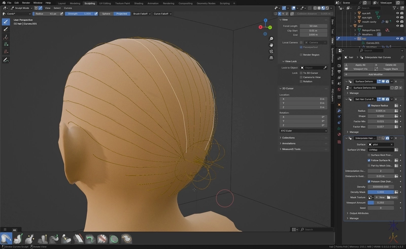 trying out guide curves how I want the hairstyle to look rather than trying to mimic how hair behaves