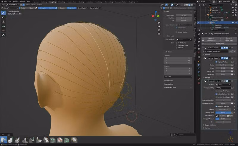 trying out guide curves how I want the hairstyle to look rather than trying to mimic how hair behaves