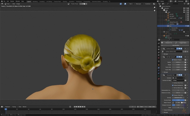 curve hair styled into a bun rendered not the same as the viewport