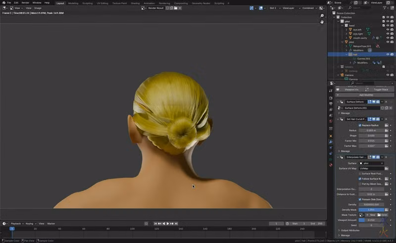 curve hair styled into a bun rendered not the same as the viewport