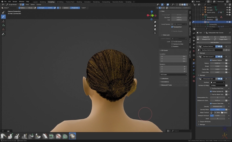 curve hair styled into a bun in Blender viewport