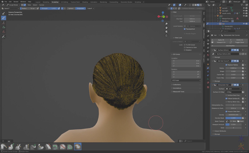 curve hair styled into a bun in Blender viewport curve hair styled into a bun in Blender viewport